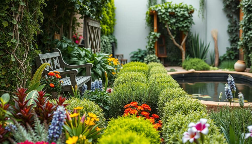 a lush, verdant garden landscape with a focus on low-cost yet visually striking landscape design techniques. the foreground features a variety of vibrant, textured plants and flowers arranged in an eye-catching, asymmetrical pattern, creating a sense of depth and visual interest. the middle ground showcases simple, DIY garden structures like a quaint wooden bench and a rustic trellis covered in climbing vines. the background depicts a tranquil pond or small water feature, its serene surface reflecting the natural elements. the lighting is soft and diffused, creating a warm, inviting atmosphere. the overall composition emphasizes practical, budget-friendly solutions for enhancing the visual appeal of a narrow, elongated garden space.