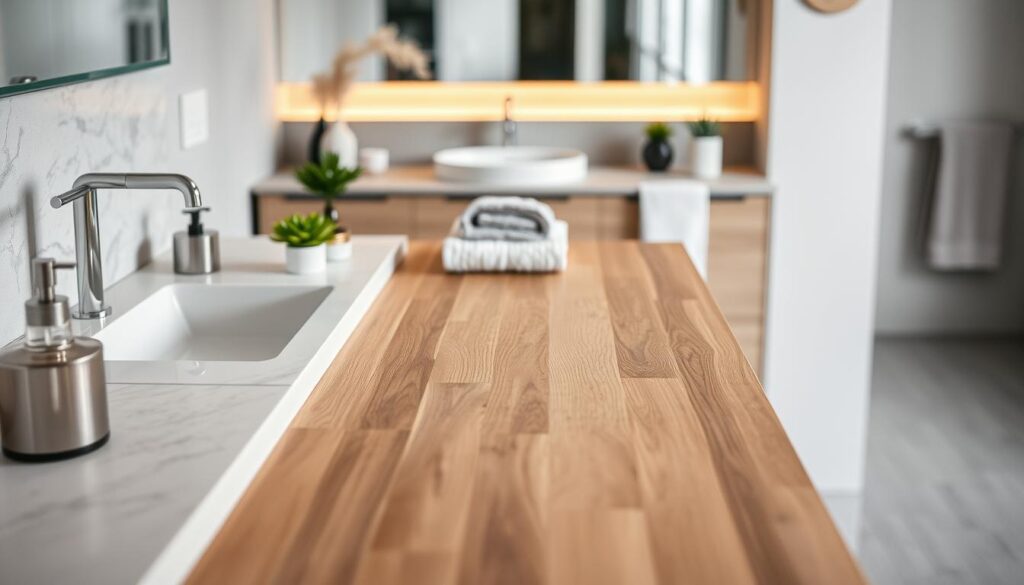 A beautifully arranged bathroom countertop showcasing a variety of materials: a sleek porcelain slab, a warm wooden surface, and a modern laminate finish, all displayed side by side. In the foreground, elegant bathroom accessories such as a soap dispenser, small plants, and decorative towels create a balanced composition. In the middle ground, the contrasting textures of the materials are clearly highlighted, with soft, diffused lighting illuminating the surfaces to emphasize their unique qualities. The background features blurred elements like a stylish mirror and neutral-colored walls, enhancing the serene ambiance of the space. The overall mood is sophisticated and practical, focusing on the comparison of durability and aesthetics in bathroom surfaces. A beautifully arranged bathroom countertop showcasing a variety of materials: a sleek porcelain slab, a warm wooden surface, and a modern laminate finish, all displayed side by side. In the foreground, elegant bathroom accessories such as a soap dispenser, small plants, and decorative towels create a balanced composition. In the middle ground, the contrasting textures of the materials are clearly highlighted, with soft, diffused lighting illuminating the surfaces to emphasize their unique qualities. The background features blurred elements like a stylish mirror and neutral-colored walls, enhancing the serene ambiance of the space. The overall mood is sophisticated and practical, focusing on the comparison of durability and aesthetics in bathroom surfaces.