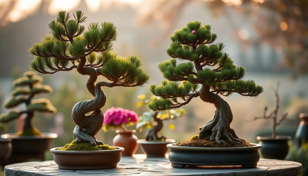 A beautifully arranged bonsai tree selection in an elegant garden setting, showcasing several varieties of hardy bonsai suitable for outdoor cultivation in colder climates. In the foreground, a stunning, meticulously pruned pine bonsai adds character with its twisted trunk and lush, green foliage. In the middle ground, several other bonsai options are displayed, including a flowering azalea and a small juniper with delicate branches, all placed on a natural stone table. The background features soft, blurred garden foliage and a gentle sunrise illuminating the scene with warm, golden light. The atmosphere is serene and peaceful, ideal for contemplating the art of bonsai. Use a shallow depth of field to draw the eye to the trees, capturing their intricate details.