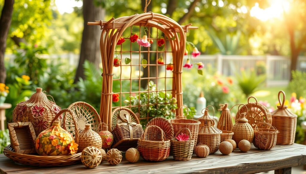 A beautifully arranged display of seasonal wicker decorations crafted by hand, showcasing a variety of intricate designs for a garden setting. In the foreground, a collection of small, colorful wicker baskets and ornaments, including floral motifs and geometric shapes, are placed atop a rustic wooden table. The middle ground features a delicate wicker trellis adorned with seasonal flowers and hanging vines, capturing the essence of nature. In the background, a lush garden with greenery and soft sunlight filtering through trees, creating a warm and inviting atmosphere. The overall mood is serene and artistic, with a focus on craftsmanship. The image should be well-lit, emphasizing the textures of the wicker, and shot from a slightly elevated angle to capture the depth of the arrangement.