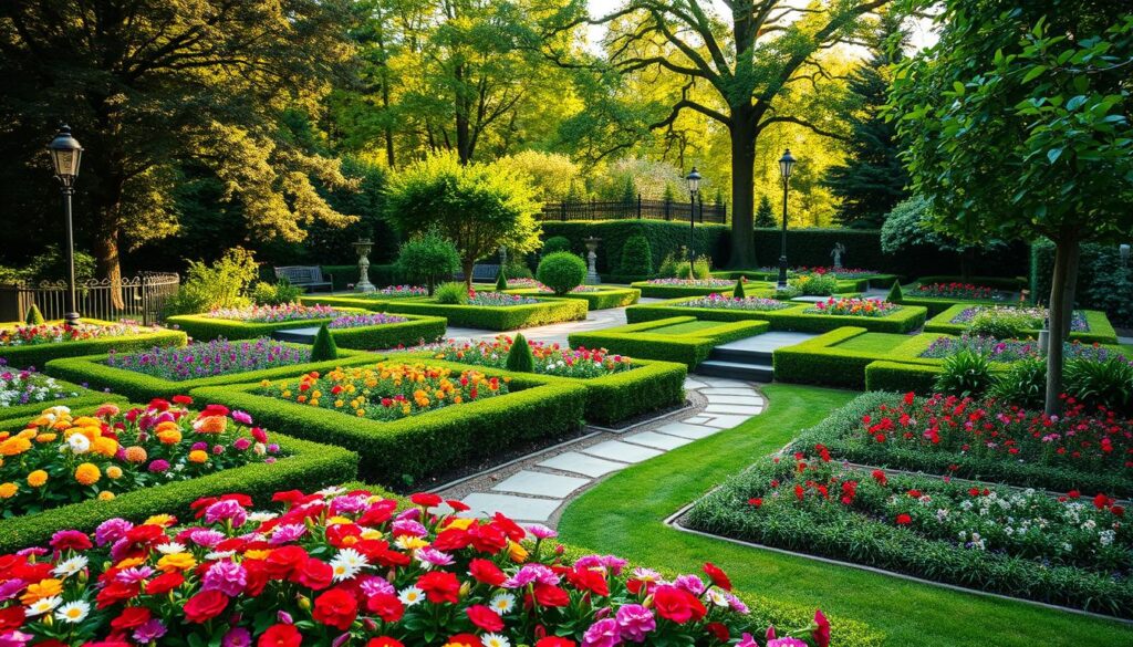 A beautifully arranged garden showcasing distinct zones that demonstrate a systematic garden plan. In the foreground, vibrant flower beds with a variety of colorful blooms, carefully organized into small sections. The middle ground features aesthetic pathways lined with low hedges, connecting different areas of the garden, accompanied by decorative stones and garden sculptures. The background reveals lush greenery with towering trees, providing a sense of depth. Soft, warm sunlight filters through the leaves, casting gentle shadows and creating a serene atmosphere. The lens captures this scene from a slightly elevated angle, providing an expansive view of the garden's layout while maintaining intricate details of the plants and pathways. The overall mood is tranquil and inviting, perfect for inspiring awe in garden enthusiasts.