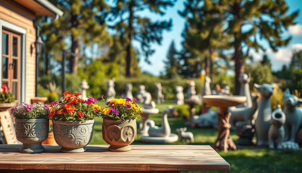 A beautifully arranged outdoor scene featuring a variety of DIY concrete garden ornaments, including planters, bird baths, and decorative sculptures. In the foreground, showcase intricately designed concrete planters bursting with colorful flowers, all set on a rustic wooden table. The middle ground presents a well-manicured garden space where various concrete sculptures, shaped like whimsical animals and abstract forms, blend harmoniously with the lush greenery. The background reveals a soft-focus view of tall trees and a blue sky, creating a tranquil atmosphere. The lighting is warm and inviting, casting gentle shadows that enhance the textures of the concrete. Use a shallow depth of field to draw attention to the details of the ornaments while softly blurring the surroundings. The overall mood is serene and inspiring, perfect for creative DIY enthusiasts. A beautifully arranged outdoor scene featuring a variety of DIY concrete garden ornaments, including planters, bird baths, and decorative sculptures. In the foreground, showcase intricately designed concrete planters bursting with colorful flowers, all set on a rustic wooden table. The middle ground presents a well-manicured garden space where various concrete sculptures, shaped like whimsical animals and abstract forms, blend harmoniously with the lush greenery. The background reveals a soft-focus view of tall trees and a blue sky, creating a tranquil atmosphere. The lighting is warm and inviting, casting gentle shadows that enhance the textures of the concrete. Use a shallow depth of field to draw attention to the details of the ornaments while softly blurring the surroundings. The overall mood is serene and inspiring, perfect for creative DIY enthusiasts.