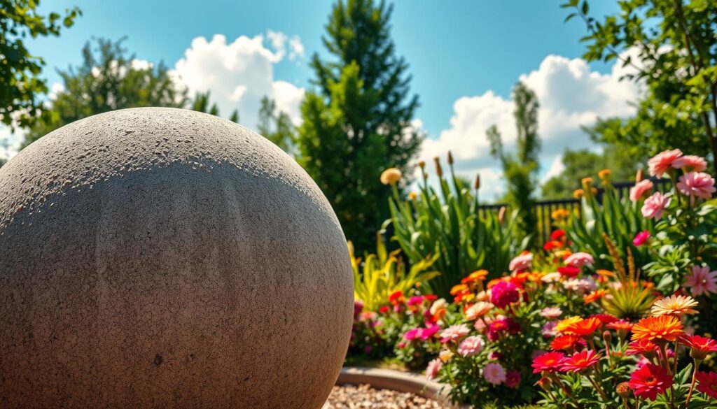 A beautifully crafted large concrete garden sphere sits prominently in a lush garden, surrounded by vibrant greenery and colorful flowers. In the foreground, the textured surface of the sphere is highlighted, showing the intricate details of the concrete finish. The middle ground features a well-tended flower bed with diverse plant life, enhancing the natural beauty around the sphere. In the background, a clear blue sky is present, with soft, fluffy clouds adding to the serene atmosphere. The scene is illuminated by warm sunlight, casting gentle shadows and creating a tranquil, inviting mood. Shot with a slightly elevated angle to capture both the sphere and the surrounding floral elements, the composition focuses on the harmony between the garden decoration and its environment.