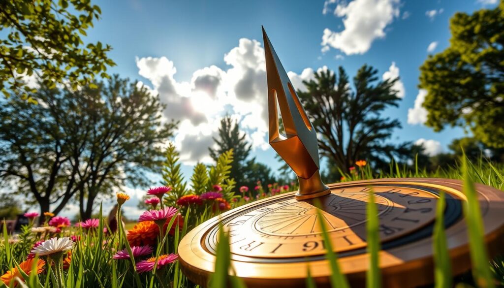 A beautifully crafted sundial in a serene garden setting, featuring a prominent gnomon as the central element. The gnomon, made of polished brass, stands tall and angular, casting a clear shadow on the dial below. Surrounding the sundial are vibrant flowers and lush green grass, with sunlight filtering through the leaves of nearby trees, creating playful shadows. In the background, a blue sky with fluffy white clouds complements the tranquil atmosphere. The scene is captured from a low angle, emphasizing the gnomon's height and the intricate markings on the sundial. The lighting is warm and inviting, evoking a sense of peacefulness and nature.