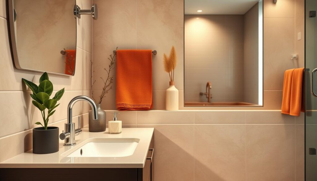 A beautifully designed beige bathroom featuring elegant accessories that enhance its aesthetic. In the foreground, display a stylish vanity with a sleek, modern faucet and a potted plant for a touch of greenery. The midground showcases warm textures, such as soft towels in complementary colors like terracotta and cream, alongside a chic soap dispenser and a decorative vase. The background includes soft, ambient lighting illuminating the beige tiles and a large mirror reflecting the inviting space. Use a slight overhead angle to capture the layout while maintaining focus on the color scheme. The overall mood should be calm and sophisticated, perfect for illustrating color accents and textures that breathe life into a beige bathroom.