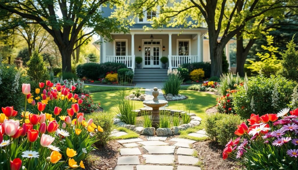 A beautifully designed front garden for a home, featuring a harmonious blend of colorful flowering plants, lush green shrubs, and neatly arranged pathways. In the foreground, vibrant flower beds bursting with tulips and daisies lead to a quaint stone walkway. The middle ground showcases a small decorative pond, surrounded by rocks and ornamental grasses, creating a serene focal point. In the background, a charming house with a welcoming front porch is framed by mature trees and soft, dappled sunlight filtering through the leaves. The scene is bright and inviting, evoking a sense of tranquility and inspiration for garden design. The perspective is slightly elevated, capturing the entire garden layout, with a soft focus on the house to emphasize the landscaping.