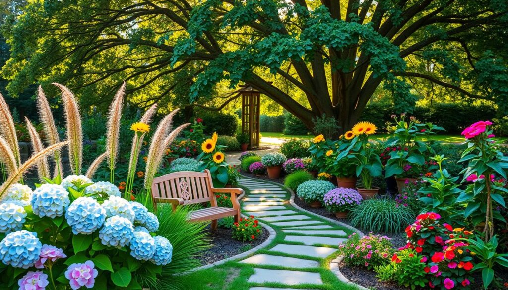 A beautifully designed garden corner featuring a variety of lush plants and flowers. In the foreground, a small, charming wooden bench sits surrounded by vibrant blooming hydrangeas and ornamental grasses. In the middle, a stone pathway winds through a collection of neatly arranged potted plants, including tall sunflowers and colorful petunias. The background showcases a majestic tree providing dappled sunlight to the scene, creating a serene atmosphere. The lighting is warm and inviting, capturing the golden hues of late afternoon sun. The image is taken from a slight elevated angle, giving a comprehensive view of the intricate garden design, evoking a sense of tranquility and beauty in outdoor living spaces.