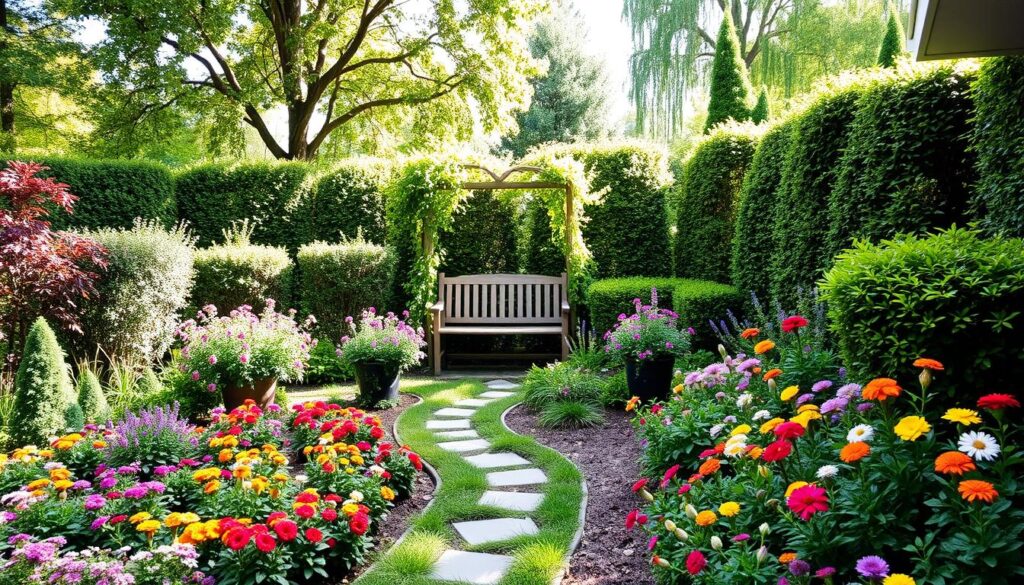 A beautifully designed garden corner featuring a well-organized landscape with vibrant flowers and lush greenery. In the foreground, colorful flowerbeds with a mix of perennials and annuals create visual interest, accompanied by a small, decorative stone path winding through them. The middle ground showcases a charming seating area with a wooden bench set under a small trellis adorned with climbing vines. In the background, a variety of bushes and small trees add depth and privacy, with soft, dappled sunlight filtering through the leaves, casting gentle shadows. The atmosphere is serene and inviting, perfect for relaxation and contemplation, capturing the essence of a thoughtfully utilized garden corner.