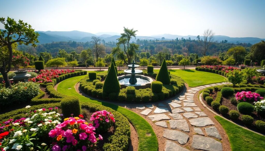 A beautifully designed garden layout showcasing various garden design techniques. In the foreground, intricately arranged flower beds with colorful blossoms and sculpted shrubs, complemented by a stone pathway leading to a centerpiece water feature. The middle ground features a blend of small trees with varying foliage, creating layers and depth. The background displays a serene landscape with distant hills and a clear blue sky, casting soft, natural light across the garden. The atmosphere is tranquil and inviting, emphasizing harmony in nature. The scene captures a balanced composition, viewed from a slightly elevated angle, suggesting an aerial perspective to showcase the garden design techniques seamlessly. A beautifully designed garden layout showcasing various garden design techniques. In the foreground, intricately arranged flower beds with colorful blossoms and sculpted shrubs, complemented by a stone pathway leading to a centerpiece water feature. The middle ground features a blend of small trees with varying foliage, creating layers and depth. The background displays a serene landscape with distant hills and a clear blue sky, casting soft, natural light across the garden. The atmosphere is tranquil and inviting, emphasizing harmony in nature. The scene captures a balanced composition, viewed from a slightly elevated angle, suggesting an aerial perspective to showcase the garden design techniques seamlessly.