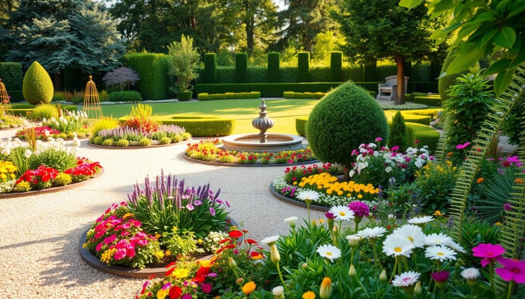 A beautifully designed garden layout showcasing various styles, including geometric pathways, vibrant flower beds, and lush greenery. In the foreground, a neat gravel path winds through colorful flower beds filled with diverse plants, creating a sense of harmony. The middle ground features a well-maintained lawn with a central decorative water feature, surrounded by neatly trimmed hedges and ornamental shrubs. In the background, tall trees offer a sense of depth and tranquility. The scene is illuminated by soft, warm sunlight, creating gentle shadows that enhance the textures of the plants. A shallow depth of field focuses on the intricate details of the flowers while gently blurring the background, evoking a serene and inviting atmosphere perfect for an outdoor retreat. A beautifully designed garden layout showcasing various styles, including geometric pathways, vibrant flower beds, and lush greenery. In the foreground, a neat gravel path winds through colorful flower beds filled with diverse plants, creating a sense of harmony. The middle ground features a well-maintained lawn with a central decorative water feature, surrounded by neatly trimmed hedges and ornamental shrubs. In the background, tall trees offer a sense of depth and tranquility. The scene is illuminated by soft, warm sunlight, creating gentle shadows that enhance the textures of the plants. A shallow depth of field focuses on the intricate details of the flowers while gently blurring the background, evoking a serene and inviting atmosphere perfect for an outdoor retreat.