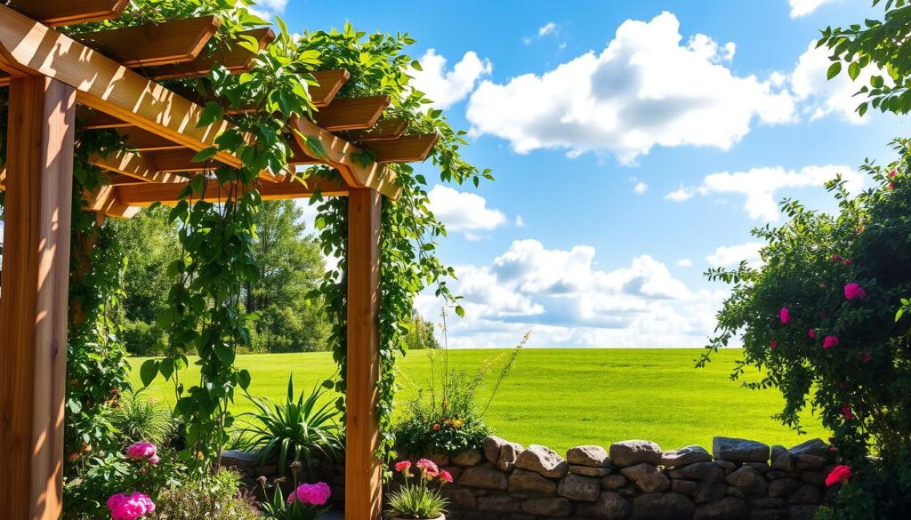 A beautifully designed garden pergola stands prominently in the foreground, constructed from natural wood with climbing plants intertwining through its beams. The middle ground features cascading foliage and vibrant flowers that spill over a rustic stone wall, enhancing the perception of depth and inviting viewers to explore the space. In the background, a lush green lawn stretches towards a bright blue sky dotted with fluffy white clouds, creating a serene atmosphere. Soft, dappled sunlight filters through the leaves, casting gentle shadows that add dimension to the scene. The overall mood is tranquil and picturesque, perfect for showcasing the elegance and functionality of garden structures like pergolas and trellises. The image captures the essence of an inviting outdoor retreat.