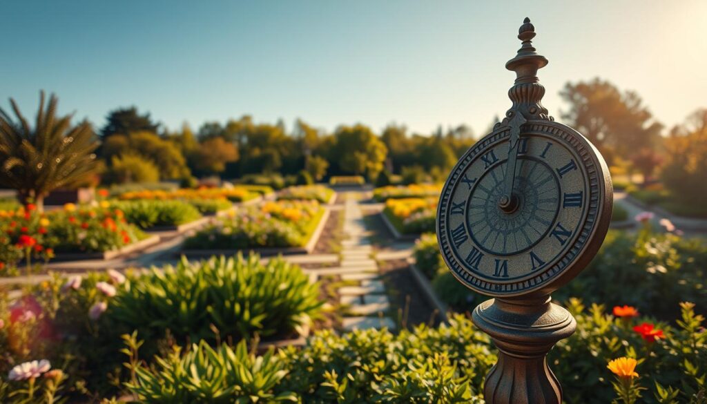 A beautifully designed garden with a prominent, handcrafted sundial at the center, symbolizing the advantages of having a sundial in outdoor spaces. In the foreground, focus on the sundial, showcasing its intricate details and traditional artistry. Surrounding it are lush green plants and colorful flowers, reflecting vibrant life. In the middle ground, a variety of garden paths lead toward the sundial, inviting exploration. The background features soft, sunlit trees and a clear blue sky, creating a serene atmosphere. The lighting is warm and golden, representing the sunlight that a sundial relies upon. Capture this scene from a slightly elevated angle to highlight the sundial's shadow as it casts on the marked hours. The mood is peaceful and inspiring, epitomizing a tranquil garden experience.