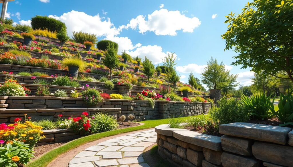 A beautifully designed sloped garden with multiple terraced levels, featuring a variety of colorful flowers, vibrant greenery, and strategically placed shrubs. In the foreground, add a stone pathway leading to each terrace, with decorative retaining walls made of natural stone. The middle ground showcases a cascade of plants cascading down the slope, with small ornamental trees providing structure. In the background, a clear blue sky with soft, fluffy clouds casts gentle sunlight, creating a warm and inviting atmosphere. The scene captures the essence of thoughtful planning and creativity, emphasizing the importance of utilizing space effectively in a garden with a slope. Opt for a wide-angle perspective to capture the overall beauty and scale of the landscape.