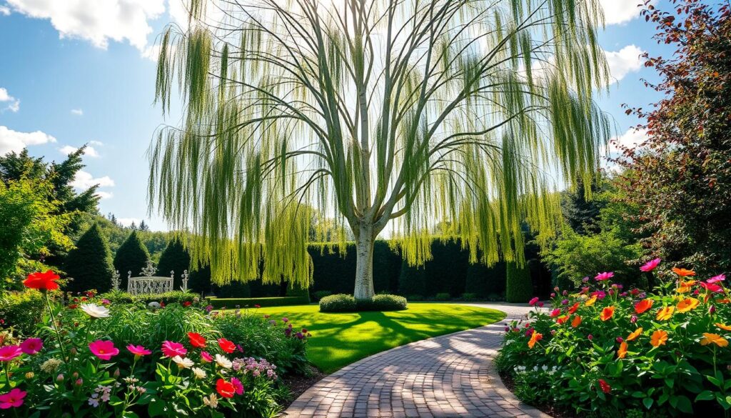 A beautifully landscaped garden featuring a majestic birch tree as the centerpiece, with slender white bark and delicate green leaves fluttering in a gentle breeze. In the foreground, lush, vibrant flowering plants in various colors enhance the scene, creating a harmonious contrast with the birch. In the middle ground, a well-maintained lawn extends toward a cobblestone pathway leading to the tree, inviting viewers in. The background includes a clear blue sky with soft, fluffy clouds, capturing a serene and inviting atmosphere. The sunlight filters through the branches, casting playful shadows on the ground. The image is taken from a slightly elevated angle, emphasizing the tree's height and elegance while showcasing the surrounding flora and the peaceful garden setting.