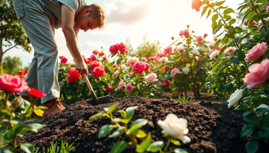 A beautifully landscaped garden scene showcasing the best times for transplanting roses. In the foreground, a skilled gardener in modest casual clothing carefully digs a rich, dark soil pit for the roses, surrounded by vibrant, blooming rose bushes in various colors, like red, pink, and white. The middle ground features softly blurred rose plants, indicating their lush foliage and healthy buds, while the background displays a sunny sky with a few fluffy clouds, casting natural light that enhances the colors. The mood is tranquil and encouraging, suggesting an ideal moment for gardening. The image has a warm glow, emphasizing the joy of nurturing plants and the beauty of a well-tended garden.