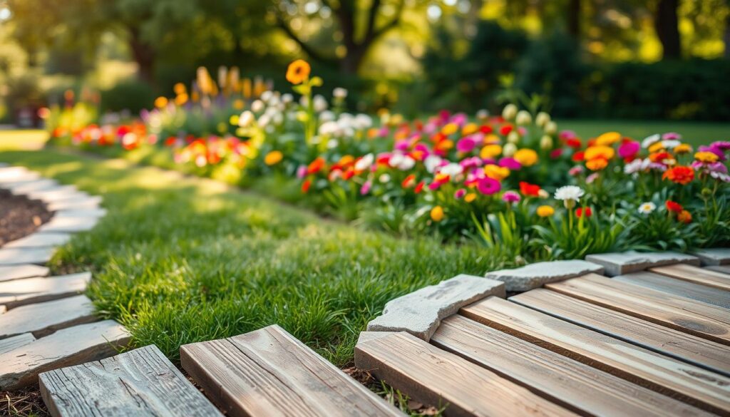 A beautifully landscaped garden setting showcasing various materials for garden edging. In the foreground, there are natural stone borders, rustic wooden planks, and decorative metal strips, arranged artistically to form neat pathways and flower beds. The middle ground features vibrant flower beds with colorful blossoms, accentuated by lush green grass. In the background, soft sunlight filters through the trees, creating a warm, inviting atmosphere while casting gentle shadows. The focus should highlight the textures and colors of the edging materials, with a slightly blurred effect to emphasize the garden’s overall beauty. The scene should evoke a sense of tranquility and inspiration for creative gardening ideas. A beautifully landscaped garden setting showcasing various materials for garden edging. In the foreground, there are natural stone borders, rustic wooden planks, and decorative metal strips, arranged artistically to form neat pathways and flower beds. The middle ground features vibrant flower beds with colorful blossoms, accentuated by lush green grass. In the background, soft sunlight filters through the trees, creating a warm, inviting atmosphere while casting gentle shadows. The focus should highlight the textures and colors of the edging materials, with a slightly blurred effect to emphasize the garden’s overall beauty. The scene should evoke a sense of tranquility and inspiration for creative gardening ideas.