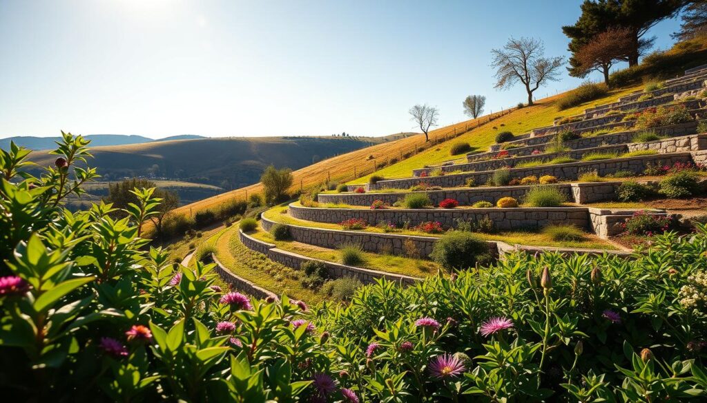 A beautifully landscaped sloped garden featuring innovative architectural solutions for terracing. In the foreground, lush, vibrant green foliage with various flower beds cascading down the slope. The middle ground showcases elegantly designed terraces made of natural stone, integrating seamlessly with the landscape. Small retaining walls surround each level, enhancing the overall structure and stability, and creating distinct planting areas. In the background, gentle rolling hills bathed in warm, golden sunlight under a clear blue sky, evoking a serene atmosphere. The scene is captured at a slight upward angle, emphasizing the depth of the terraces and the gradient of the landscape. The lighting is bright and inviting, creating shadows that enhance the textures of stone and plant life. The mood is tranquil and inspiring, perfect for showcasing innovative solutions for sloped garden design.