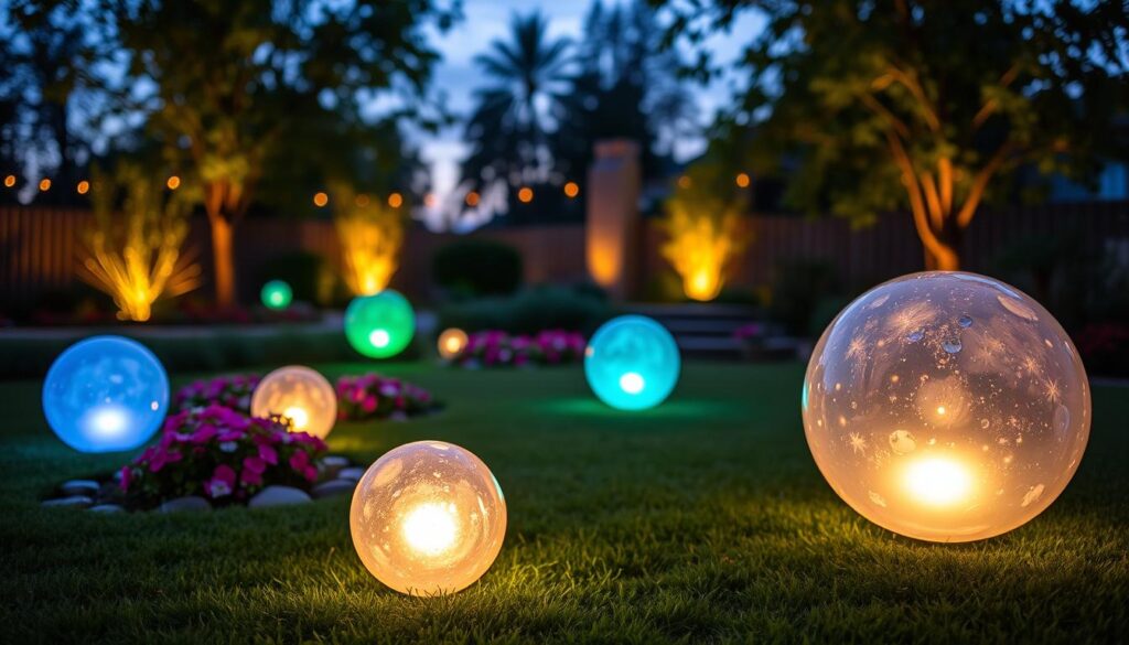 A beautifully lit outdoor scene featuring DIY glowing garden spheres, arranged artistically on a verdant lawn. In the foreground, showcase several radiant spheres made from translucent materials, emitting vibrant LED lights in soft hues of blue, green, and warm white. The middle ground includes lush flower beds and decorative stones, enhancing the natural beauty. The background features a softly blurred garden with trees, their leaves gently illuminated by the glowing spheres. The evening ambiance is tranquil, with a dusky sky reflecting the warm glow of the spheres. The lighting is soft and inviting, highlighting the textures of the materials, captured from a slightly elevated angle to create depth. The atmosphere feels peaceful, perfect for a serene garden setting. A beautifully lit outdoor scene featuring DIY glowing garden spheres, arranged artistically on a verdant lawn. In the foreground, showcase several radiant spheres made from translucent materials, emitting vibrant LED lights in soft hues of blue, green, and warm white. The middle ground includes lush flower beds and decorative stones, enhancing the natural beauty. The background features a softly blurred garden with trees, their leaves gently illuminated by the glowing spheres. The evening ambiance is tranquil, with a dusky sky reflecting the warm glow of the spheres. The lighting is soft and inviting, highlighting the textures of the materials, captured from a slightly elevated angle to create depth. The atmosphere feels peaceful, perfect for a serene garden setting.