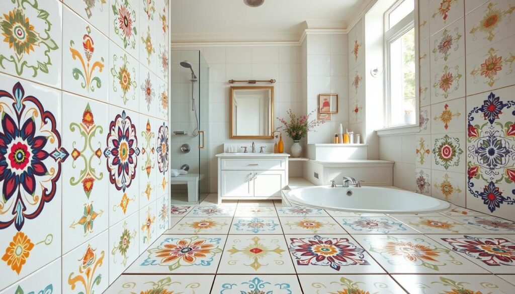 A beautifully renovated bathroom showcasing decorative tile stickers, featuring intricate floral and geometric patterns in vibrant colors. In the foreground, focus on a close-up view of several stylish tiles enhanced with these eye-catching stickers, illustrating their transformative effect. The middle ground reveals a refreshed bathroom scene, complete with a modern vanity and sleek fixtures, bathed in soft natural light from a nearby window. The background includes light-colored walls and minimalist decor, creating a harmonious and inviting atmosphere. Use a wide-angle lens to capture the entirety of the space, emphasizing the contrast between the original tiles and the vibrant stickers. The mood should feel fresh, uplifting, and inspiring, evoking the joy of an easy, budget-friendly home improvement project.