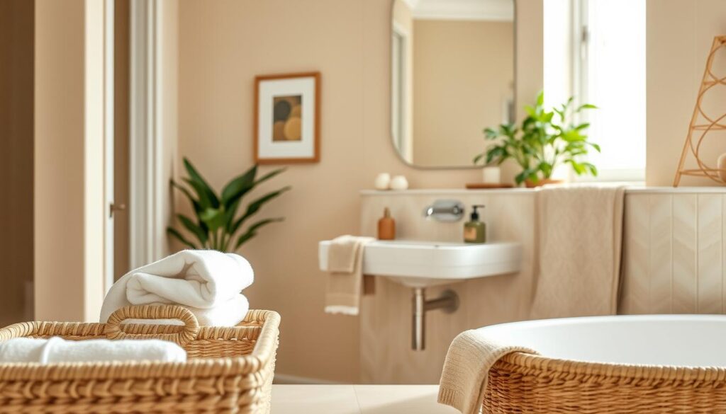A beautifully styled beige bathroom featuring practical accessories that enhance its functionality and aesthetic. In the foreground, sleek, minimalist storage baskets made of natural materials hold towels and toiletries. The middle features a modern sink with stylish, eco-friendly soap dispensers and a textured hand towel. The walls are adorned with subtle art pieces that complement the beige hues. Lush green plants peek out from corners, adding a touch of freshness. The background showcases soft, natural light streaming through a frosted window, creating a warm and inviting atmosphere. The angle is slightly elevated, capturing the elegance of the space, with a focus on the harmony between colors and textures, conveying a cozy yet sophisticated ambiance.