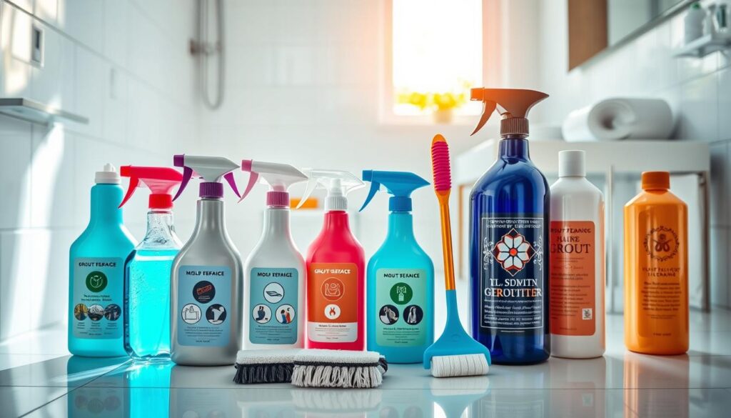 A clean, modern bathroom scene featuring various cleaning products specifically designed for grout cleaning. In the foreground, a collection of sleek spray bottles and scrubbing tools in a range of colors, showcasing labels with images of tile surfaces and mold removal icons. In the middle, a sparkling white bathroom tile accentuated by bright lighting, highlighting the contrast between the clean tiles and darker grout. In the background, soft-focus elements like a stylish sink and a neatly arranged roll of towels add a touch of elegance. The scene is illuminated with warm, natural light streaming in from a window, creating an inviting atmosphere. The composition captures a sense of cleanliness and efficiency, perfect for demonstrating effective grout cleaning methods.