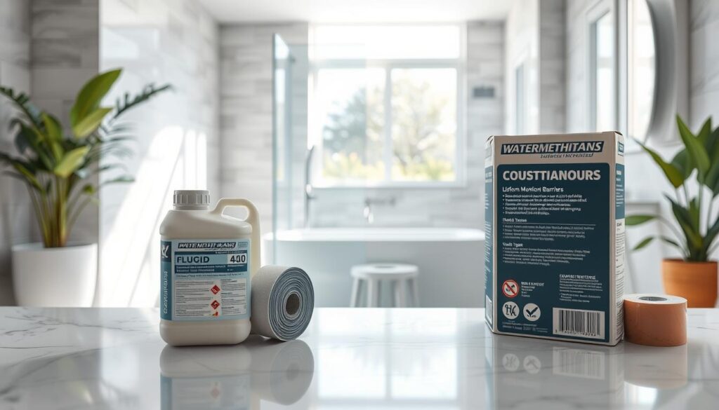 A clean, modern bathroom scene featuring various waterproofing materials, such as liquid membranes and sealing tapes, prominently displayed on a well-lit countertop. In the foreground, there is a roll of liquid membrane and a box of sealing tape with detailed labels. In the middle ground, a partially constructed shower area showcases distinct wet zones, marked by clear waterproof barriers. The background reveals a bright, airy bathroom with elegant tiles, large windows allowing natural light to flow, and green plants for a touch of freshness. The atmosphere is professional and practical, focusing on the essential requirements for effective waterproofing in bathroom construction. The image should have a soft focus to give an inviting and organized feel, with balanced lighting emphasizing the products.