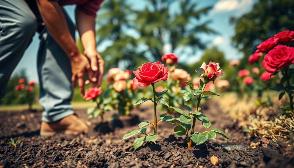 A close-up of a gardener in modest casual clothing carefully planting rose bushes in a well-tended garden. The foreground features the gardener’s hands gently placing a healthy rose plant into a freshly dug hole, surrounded by rich, dark soil. In the middle ground, several rose plants are arranged, showcasing a variety of colors, such as vibrant reds and soft pinks, indicating the diversity of the garden. The background is softly blurred, depicting a sunny day with a clear blue sky, and a few green trees providing shade. Warm natural lighting illuminates the scene, creating a serene and nurturing atmosphere, ideal for horticulture. The image captures the essence of the planting process, focusing on proper technique and care.