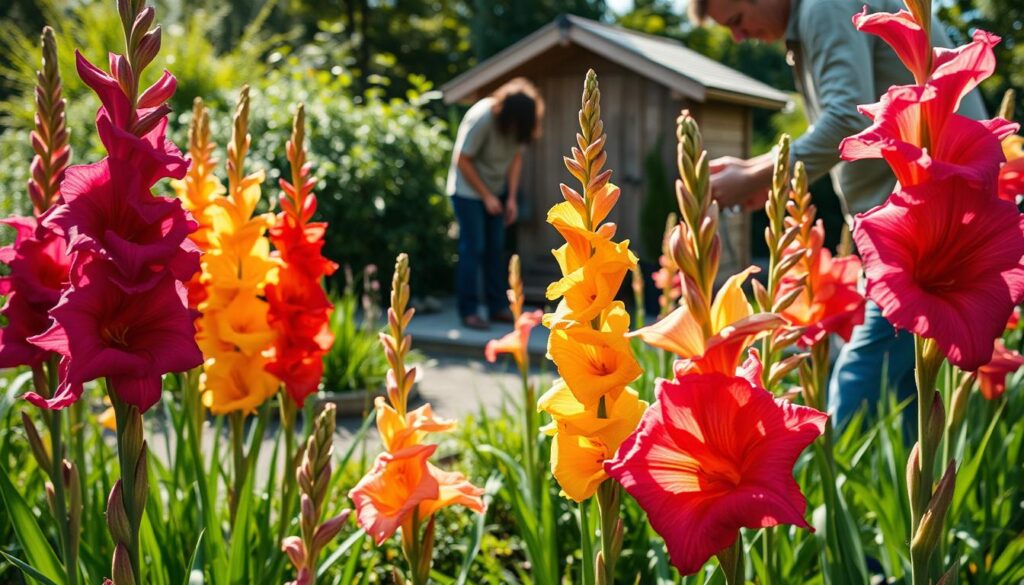 A close-up of vibrant gladiolus flowers (mieczyki) in various colors like deep purple, bright pink, and sunny yellow. In the foreground, a gardener in modest casual clothing gently tends to the blooming plants, carefully pruning the leaves and checking the soil moisture. The middle ground displays a lush garden bed, with a sunny day illuminating the scene, casting soft shadows. In the background, a wooden garden shed and green foliage complete the serene atmosphere. The warm sunlight highlights the intricate details of the gladiolus petals, creating a peaceful and inviting mood, reminiscent of a well-cared-for garden. The image is shot at a slight angle with a shallow depth of field to emphasize the flowers and gardener.