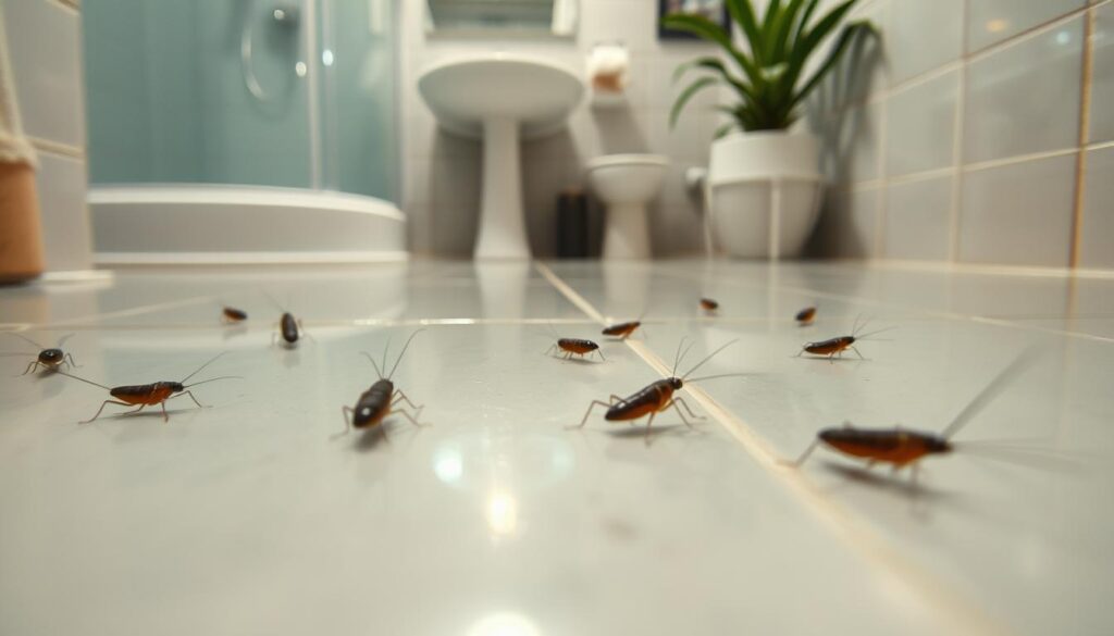 A close-up view of a bathroom floor with glistening tiles, where silverfish (rybiki) scuttle across the surface, showcasing their elongated bodies and delicate antennae. The scene is illuminated by soft, ambient lighting that highlights the contours of the tiles and the movement of the insects, creating a slightly mysterious mood. In the background, blurred out imagery of bathroom accessories—a shower, a sink, and a potted plant—contributes to a relatable domestic environment. The angle is low, capturing the insects as if from the perspective of someone peering closely at the floor. The colors are subtle, focusing on light grays, whites, and hints of green from the plants, evoking a mix of curiosity and concern for cleanliness and hygiene. A close-up view of a bathroom floor with glistening tiles, where silverfish (rybiki) scuttle across the surface, showcasing their elongated bodies and delicate antennae. The scene is illuminated by soft, ambient lighting that highlights the contours of the tiles and the movement of the insects, creating a slightly mysterious mood. In the background, blurred out imagery of bathroom accessories—a shower, a sink, and a potted plant—contributes to a relatable domestic environment. The angle is low, capturing the insects as if from the perspective of someone peering closely at the floor. The colors are subtle, focusing on light grays, whites, and hints of green from the plants, evoking a mix of curiosity and concern for cleanliness and hygiene.