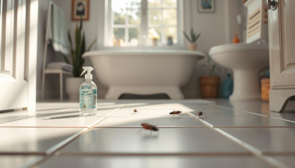 A close-up view of a bathroom setting, showcasing effective methods for combating silverfish. In the foreground, illustrate a clean, organized bathroom with a small container of natural insect repellent prominently displayed. In the middle, depict a few silverfish visibly scurrying across a well-maintained tile floor, emphasizing the contrast between the cleanliness of the space and the pests. In the background, include a window allowing natural sunlight to flood the area, creating a bright, inviting atmosphere. The lighting should be soft and warm, enhancing the sense of cleanliness. Include subtle elements like plants or cleaning supplies to convey a sense of home care and hygiene. The overall mood should be proactive and hopeful, indicating that prevention is achievable. A close-up view of a bathroom setting, showcasing effective methods for combating silverfish. In the foreground, illustrate a clean, organized bathroom with a small container of natural insect repellent prominently displayed. In the middle, depict a few silverfish visibly scurrying across a well-maintained tile floor, emphasizing the contrast between the cleanliness of the space and the pests. In the background, include a window allowing natural sunlight to flood the area, creating a bright, inviting atmosphere. The lighting should be soft and warm, enhancing the sense of cleanliness. Include subtle elements like plants or cleaning supplies to convey a sense of home care and hygiene. The overall mood should be proactive and hopeful, indicating that prevention is achievable.