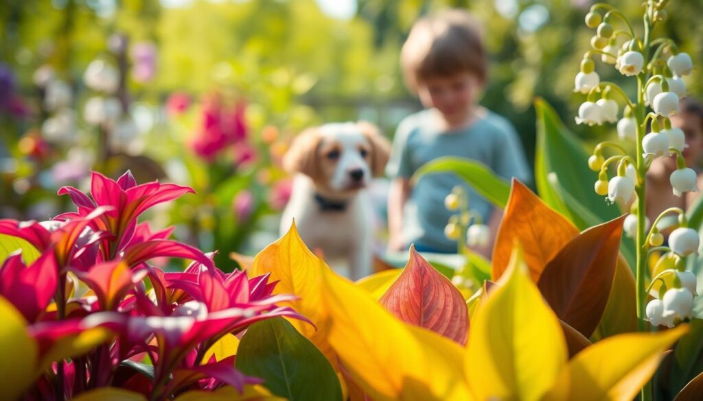 A close-up view of a variety of plants commonly found in gardens, with a focus on those that are toxic to children and pets. In the foreground, include vibrant-colored leaves of plants like oleander, foxglove, and lily of the valley, displaying some wilted or browning areas to indicate toxicity. The middle ground should have a blurred focus on a child and a pet cautiously observing the plants, showcasing concern without direct interaction. The background should be a serene garden scene under soft, diffused sunlight, creating a calm yet alert atmosphere. Use a shallow depth of field to emphasize the foreground plants, while ensuring the overall image conveys a sense of awareness about the dangers of toxic plants.