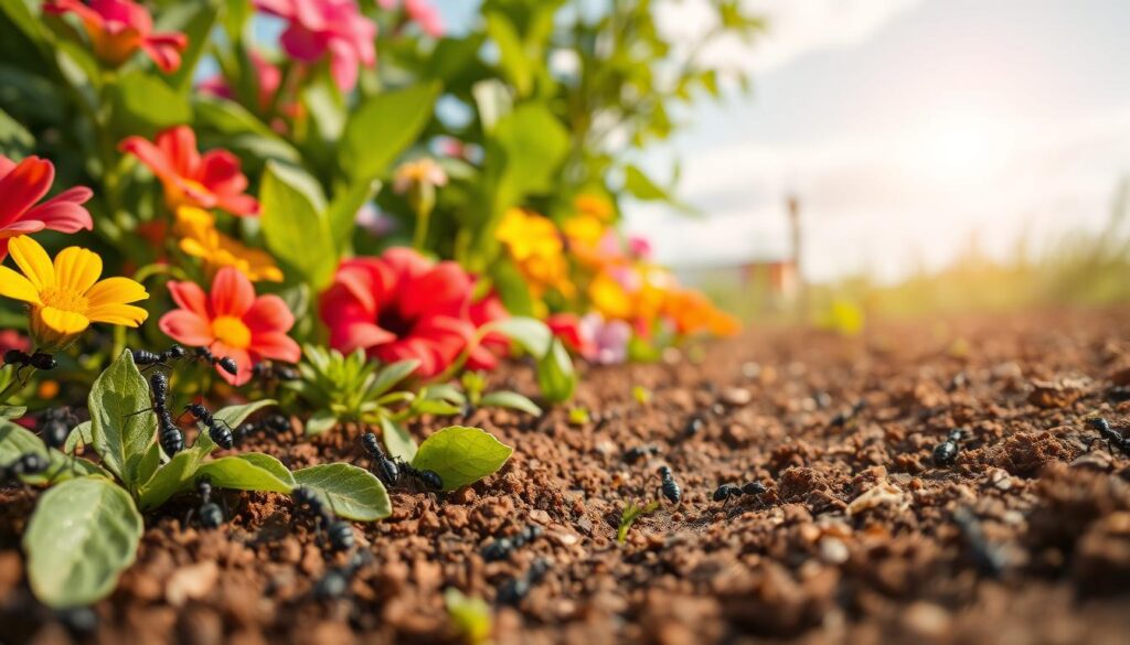 A close-up view of a vibrant garden teeming with ants, showcasing the intricate details of their movement and behavior. In the foreground, a colony of black ants busily traverses among colorful flowers and lush green leaves, creating a sense of urgency. In the middle ground, the rich soil reveals ant trails leading to a hidden nest, while insects and small garden creatures interact with plants. The background features a sunny, clear sky with soft, diffuse lighting illuminating the scene, creating a warm and lively atmosphere. The focus should convey the theme of ant infestation as a gardening problem, highlighting their industrious nature without any human presence.