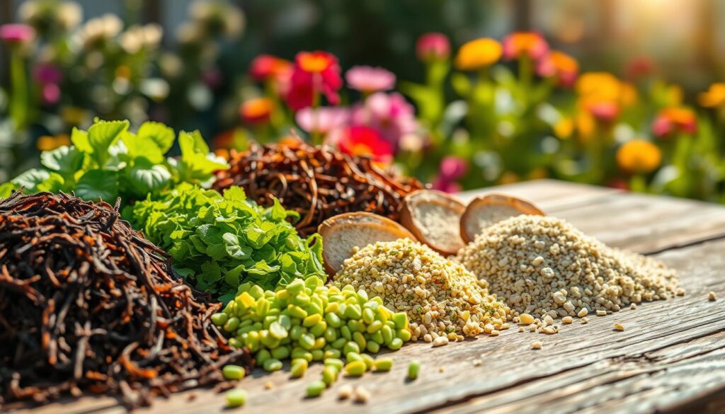 A close-up view of essential fertilizer ingredients, artfully arranged on a rustic wooden table. In the foreground, display vibrant nutrient-rich materials like dark brown compost, bright green crushed seaweed, and scattered granules of mineral fertilizers. In the middle, include sections of fresh garden plants, demonstrating the impact of these nutrients. The background features a softly blurred garden scene, with colorful flowers blooming in sunlight. The image should have warm, natural lighting to evoke a sense of growth and vitality. Use a slightly elevated angle to emphasize the textures of the soil and ingredients, creating a rich, inviting atmosphere that highlights the importance of high-quality fertilizer components for a flourishing garden.
