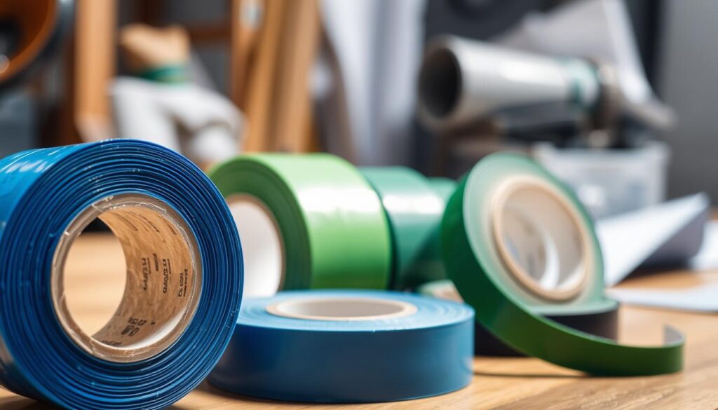 A close-up view of waterproof sealing tapes, showcasing various types and colors neatly arranged on a workbench. In the foreground, focus on a roll of vibrant blue sealing tape, its texture highlighted under bright, natural light. In the middle ground, include additional rolls in shades of green and black, emphasizing their adhesive surfaces and durability. The background reveals a well-organized toolkit and partially opened bathroom renovation materials to suggest a professional setting. The atmosphere is one of efficiency and practicality, conveying a sense of preparation for bathroom waterproofing. The lens captures the scene with a slight depth of field, allowing the foreground tape to stand out crisply against a slightly blurred backdrop.