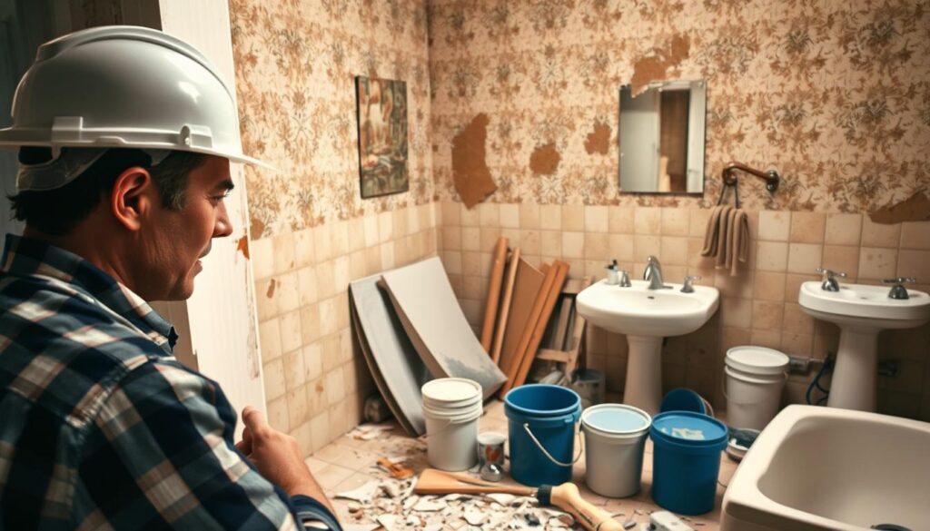 A cluttered bathroom renovation scene illustrating common problems encountered during remodeling. In the foreground, a distressed contractor in a hard hat examines cracked tiles and a leaking pipe. In the middle, construction materials like paint buckets and tools are scattered, with a partially installed sink creating a sense of chaos. The background features peeling wallpaper and outdated fixtures, emphasizing the challenges of an older design. The lighting is soft and diffused, casting gentle shadows to enhance the atmosphere of frustration mixed with determination. The image should capture a realistic and poignant moment in a bathroom remodeling project, conveying the complexities and unforeseen issues of home renovation.