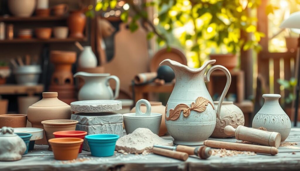 A collection of crafting materials for making a decorative garden pitcher, prominently displayed in the foreground. Show various items such as terracotta clay, cement, molds, and sculpting tools. In the middle ground, include a partially constructed pitcher, showcasing intricate details and textures, along with a few colorful paint pots for decoration. The background should feature a rustic outdoor workshop setting with natural light filtering through leafy branches, creating a warm and inviting atmosphere. Use a soft focus lens effect to enhance the craftsmanship vibe while maintaining clarity on the materials. Capture a serene, creative mood that reflects the joy of making unique garden art.