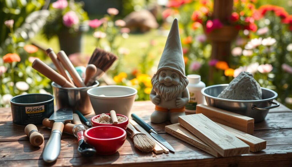 A collection of diverse garden tools needed to make a garden gnome figure, arranged neatly on a wooden workbench. In the foreground, display a set of essential tools like a small trowel, a paintbrush, a mixing bowl with concrete, and wooden planks for sculpting. In the middle ground, place a partially assembled gnome figure, showcasing its playful design with a pointy hat and a smiling face. The background features hints of a bright, sunlit garden with lush greenery and colorful flowers, creating a cheerful and inspiring atmosphere. Soft, natural lighting highlights the texture of the tools and the figure, with a shallow depth of field focusing on the foreground elements for a warm, inviting scene.