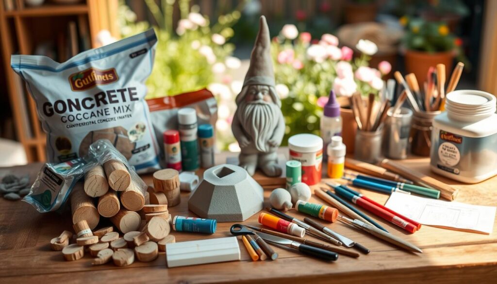 A collection of materials for crafting a gnome figure, laid out elegantly on a wooden workbench. In the foreground, display various supplies such as small wooden logs, a bag of concrete mix, colorful paint tubes, brushes, and sculpting tools. The middle ground features a partially assembled gnome, showcasing its whimsical design, while the background includes a softly blurred garden scene, hinting at a sunny day with blooming flowers. Natural light filters through, casting gentle shadows that enhance the textures of the materials. The overall atmosphere is playful and inviting, perfect for inspiring DIY enthusiasts.