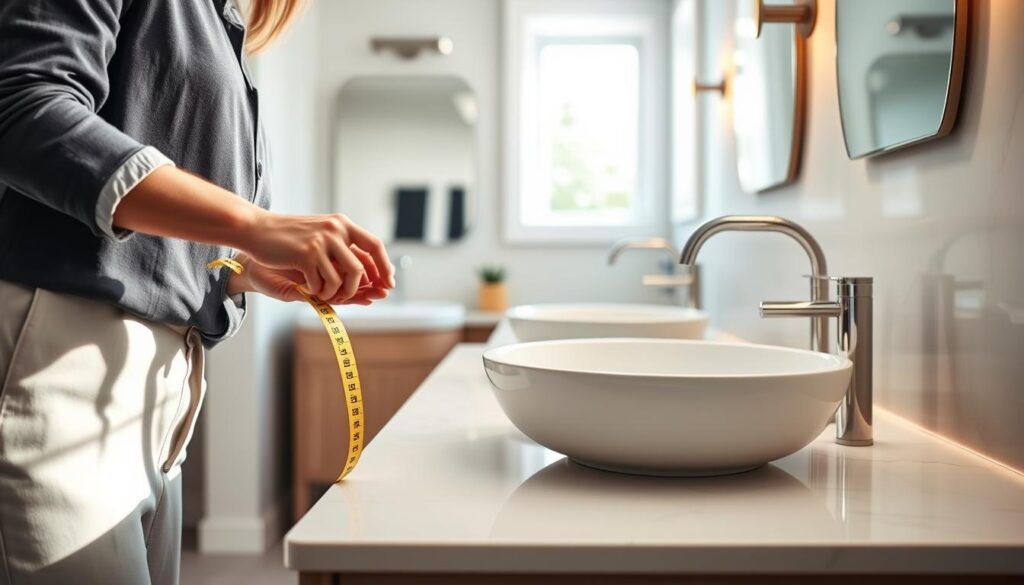 A cozy, modern bathroom scene featuring a beautifully designed countertop with an adjustable height sink. In the foreground, a professional-looking interior designer in smart casual attire is demonstrating the ideal sink height for different users, using a measuring tape. The middle ground showcases a sleek, minimalist sink design with soft curves, complemented by stylish fixtures. In the background, softly lit vanity mirrors and subtle, warm lighting enhance the inviting atmosphere, creating a sense of comfort and practicality. A soft focus on the designer’s hands emphasizes the act of measuring, while bright, natural light filtering through a window adds a fresh, airy feel to the space. The overall mood is informative yet relaxed, suitable for a modern household. A cozy, modern bathroom scene featuring a beautifully designed countertop with an adjustable height sink. In the foreground, a professional-looking interior designer in smart casual attire is demonstrating the ideal sink height for different users, using a measuring tape. The middle ground showcases a sleek, minimalist sink design with soft curves, complemented by stylish fixtures. In the background, softly lit vanity mirrors and subtle, warm lighting enhance the inviting atmosphere, creating a sense of comfort and practicality. A soft focus on the designer’s hands emphasizes the act of measuring, while bright, natural light filtering through a window adds a fresh, airy feel to the space. The overall mood is informative yet relaxed, suitable for a modern household.
