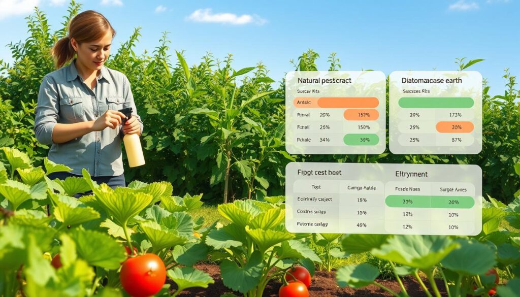 A detailed and visually engaging illustration representing the evaluation of effectiveness in pest control methods within a vegetable garden. In the foreground, a vibrant garden scene featuring healthy vegetable plants, with a focus on areas affected by ants. To the left, a professional wearing modest casual clothing examines a variety of natural pest control methods, including eco-friendly sprays and diatomaceous earth. In the middle ground, there are clearly labeled charts or infographics showing success rates and comparison metrics for each method, set against a lush backdrop of green foliage. The background depicts a sunny day with a clear blue sky, creating an optimistic and inviting atmosphere. Soft, natural lighting enhances the rich colors of the plants and the professionalism of the scene, shot from a slightly elevated angle to capture the details effectively.
