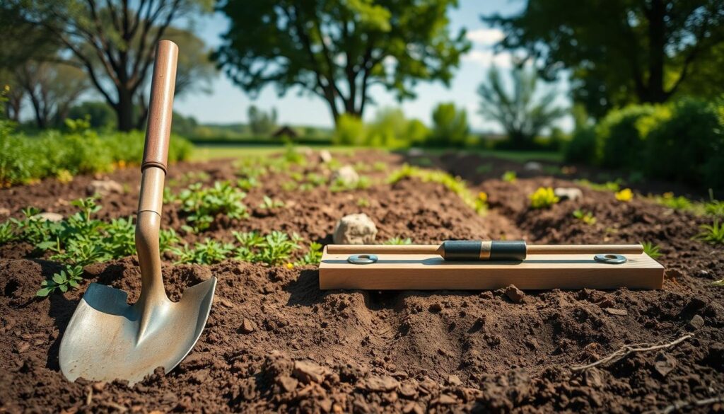 A detailed arrangement of garden leveling tools designed for soil preparation, displayed prominently in the foreground. Feature a straight-edged shovel, a rake, and a leveling board, all resting on a patch of freshly tilled earth. In the middle ground, show a lush, green garden with evenly leveled soil and a few scattered rocks, demonstrating the results of effective leveling techniques. In the background, capture a serene garden landscape with trees and a clear blue sky, enhancing the peaceful gardening atmosphere. Soft, natural sunlight filters through, creating gentle shadows that add depth to the scene. The mood is calm and productive, reflecting the satisfaction of a well-maintained garden space, without any text or human subjects.