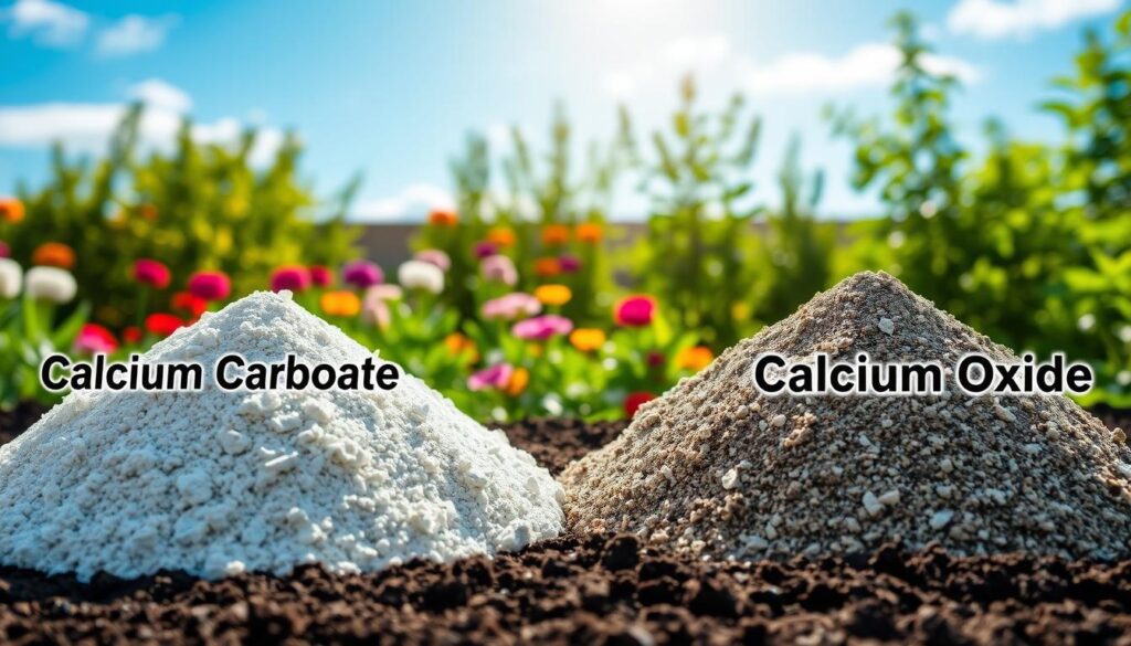 A detailed comparison of two types of lime: calcium carbonates and calcium oxides, represented visually in a garden setting. In the foreground, display two distinct piles of lime, one labeled "Calcium Carbonate" and the other "Calcium Oxide," each with descriptive labels artistically placed beside them. The middle ground features a lush garden, showcasing vibrant flowers and healthy plants, indicating the effect of these limes on soil health. In the background, depict a clear blue sky with soft, natural sunlight illuminated over the scene, enhancing the green hues of the garden. Incorporate a macro lens perspective to showcase texture details of the lime piles, creating a professional and informative atmosphere that reflects the comparison theme.