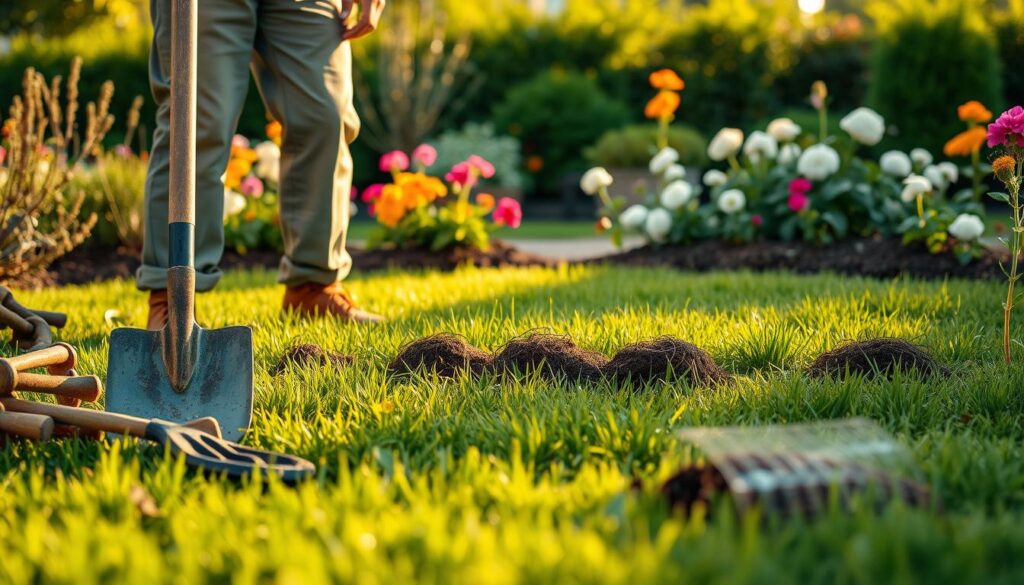 A detailed garden scene depicting a person in modest casual clothing actively working to eliminate moles, known as "nornice," from their lawn. In the foreground, show a variety of garden tools such as a shovel and mole traps, emphasizing the tools of the trade. In the middle ground, create a patch of lush green grass with small mounds of soil indicating mole activity. In the background, illustrate a well-maintained garden with flowers and shrubs, bathed in warm afternoon sunlight to evoke a sense of peaceful productivity. The atmosphere should be calm yet purposeful, capturing the essence of a gardener's determination to protect their lawn. Use a slight depth of field effect to focus on the foreground elements, enhancing the overall composition.