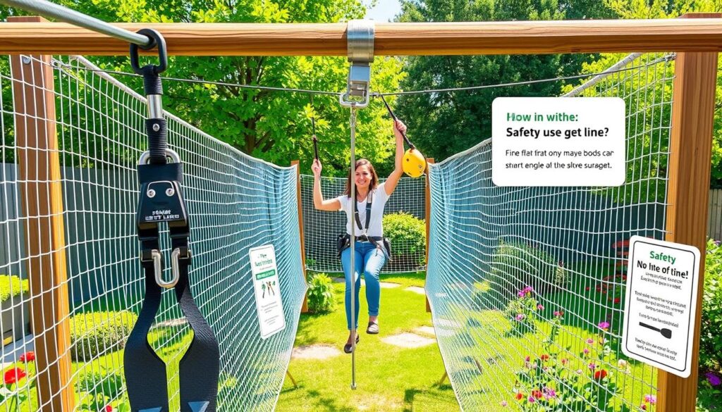 A detailed illustration of a backyard zip line setup, emphasizing safety features. In the foreground, a sturdy zip line with a secure harness and safety helmet, showcased against bright, natural lighting. The middle ground features an adult safely demonstrating the zip line, wearing modest casual clothing, looking confident and enjoying the ride. Surrounding the setup, safety netting and clear signage about usage guidelines are visible. In the background, a lush garden landscape adds life to the scene, with green trees and vibrant flowers enhancing the atmosphere. The angle is slightly elevated, providing a clear view of the entire setup and its safety measures, evoking a sense of fun while prioritizing security.