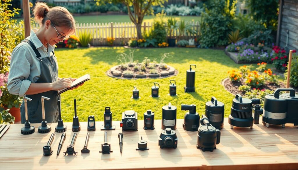 A detailed illustration of garden pump selection, showcasing various types of garden pumps arranged neatly on a workbench in the foreground. The scene includes a knowledgeable gardener in modest casual clothing, examining pump specifications with a notepad. In the middle ground, various models are displayed, highlighting differences in size and functionality, such as submersible pumps and surface pumps. The background features a well-maintained garden with a lush lawn and garden beds, emphasizing the practical application of these pumps for watering. The lighting is soft and natural, simulating a warm afternoon glow, enhancing the inviting atmosphere of a gardening setting. The angle is slightly elevated, providing a clear view of both the tools and their context within the garden environment. A detailed illustration of garden pump selection, showcasing various types of garden pumps arranged neatly on a workbench in the foreground. The scene includes a knowledgeable gardener in modest casual clothing, examining pump specifications with a notepad. In the middle ground, various models are displayed, highlighting differences in size and functionality, such as submersible pumps and surface pumps. The background features a well-maintained garden with a lush lawn and garden beds, emphasizing the practical application of these pumps for watering. The lighting is soft and natural, simulating a warm afternoon glow, enhancing the inviting atmosphere of a gardening setting. The angle is slightly elevated, providing a clear view of both the tools and their context within the garden environment.
