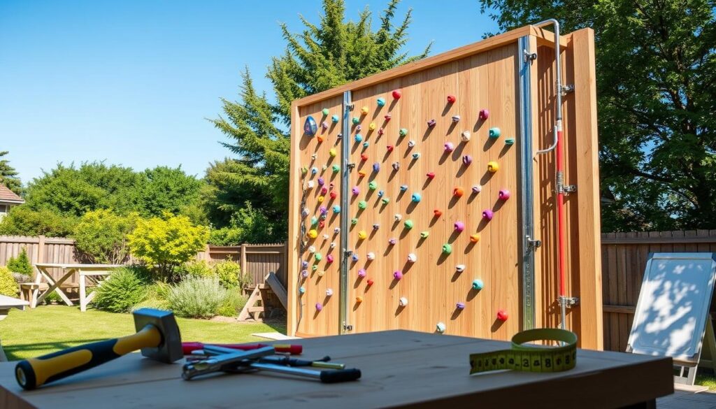 A detailed illustration of the key stages in the construction of a climbing wall in a garden setting, showcasing a step-by-step visual guide. In the foreground, various construction tools such as a hammer, level, and measuring tape are arranged neatly on a workbench. The middle ground features a partially constructed climbing wall with wooden panels, vibrant climbing holds in various colors, and sturdy framework revealing plumbing and wiring. The background portrays a lush garden with trees and a clear blue sky, creating an inviting atmosphere. The lighting is bright and natural, highlighting textures of wood and hardware, captured with a slightly angled perspective that emphasizes the wall's height and complexity. The overall mood is informative and professional, perfect for a DIY project depiction.