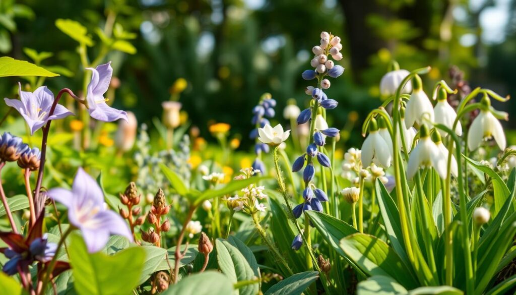 A detailed illustration of toxic plants native to Poland, set in a lush garden background. In the foreground, feature a variety of recognizable poisonous plants such as Belladonna (Deadly Nightshade) with its purple flowers, Monkshood with its blue blooms, and the white berries of the Snowdrop. In the middle ground, add vibrant green foliage and subtle hints of wildflowers to contrast with the toxic plants. The background should be a softly blurred garden scene, evoking a serene atmosphere. Use natural daylight to enhance colors, with a slight focus on the plants’ details. Capture the scene from a low angle for a dramatic perspective, emphasizing the beauty yet danger of these plants, creating a mood of caution and intrigue.