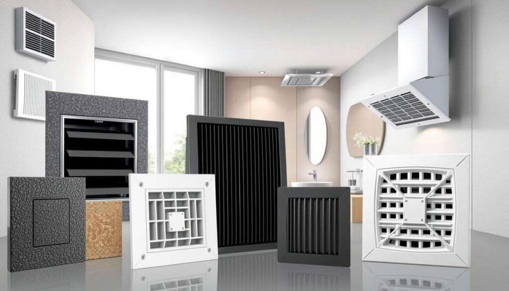 A detailed illustration showcasing various types of bathroom ventilation systems suitable for apartment blocks. In the foreground, display different ventilation grilles, including wall, ceiling, and ducted options, with varied textures and finishes highlighting modern designs. In the middle ground, depict a bathroom scene featuring these systems integrated into a stylish bathroom setup, showcasing proper airflow direction and installation position. The background should feature a well-lit bathroom environment with soft, ambient lighting, hinting at ventilation elements outside the window. The overall mood should be informative and professional, emphasizing functionality and aesthetics. Use a wide-angle perspective to capture all elements clearly, ensuring clarity and detail in the ventilation systems. A detailed illustration showcasing various types of bathroom ventilation systems suitable for apartment blocks. In the foreground, display different ventilation grilles, including wall, ceiling, and ducted options, with varied textures and finishes highlighting modern designs. In the middle ground, depict a bathroom scene featuring these systems integrated into a stylish bathroom setup, showcasing proper airflow direction and installation position. The background should feature a well-lit bathroom environment with soft, ambient lighting, hinting at ventilation elements outside the window. The overall mood should be informative and professional, emphasizing functionality and aesthetics. Use a wide-angle perspective to capture all elements clearly, ensuring clarity and detail in the ventilation systems.