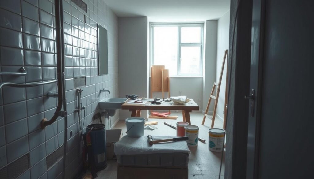 A detailed interior scene of a bathroom undergoing renovation in a modern apartment block. In the foreground, a partially tiled wall, revealing plumbing and electrical work, conveys the initial stage of remodeling. In the middle, tools like a tile cutter, hammer, and buckets of paint are scattered around a sturdy workbench, showcasing the ongoing labor. In the background, partially erected drywall and bare floors reflect a work-in-progress atmosphere. Soft, natural lighting filters through a nearby window, enhancing the realistic feel. The mood is industrious and focused, with a sense of transformation as the space is being prepared for a new, stylish design. No people are present, maintaining the focus on the renovation process.