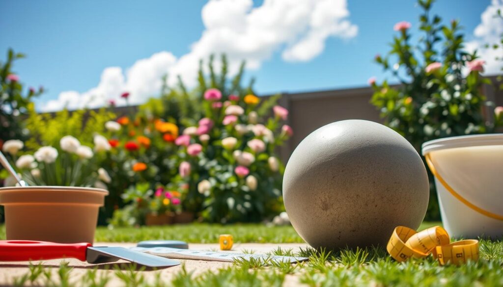 A detailed scene showcasing a DIY project in a serene backyard setting, focusing on a vibrant mold for creating a large concrete garden ball. In the foreground, the mold is prominently displayed, showing its round shape made from smooth plastic, with a shiny finish that reflects the sunlight. Adjacent tools like a spatula, measuring tape, and a bucket of concrete mix are creatively arranged, adding to the crafting atmosphere. In the middle ground, the well-tended garden features blooming flowers and lush greenery, enhancing the serene mood. The background captures a clear blue sky with soft, fluffy clouds. The lighting is bright and natural, emphasizing the details and colors of the scene, creating a cheerful yet focused atmosphere, perfect for a DIY project.